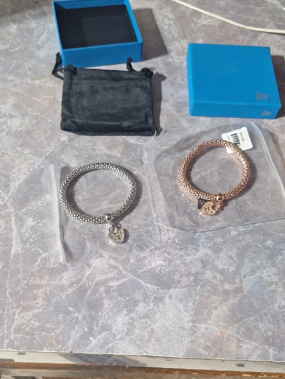JTV Rose Gold & Silver Pave Heart Mesh Bracelets - Pair